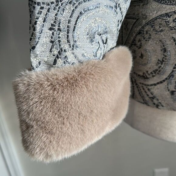 Chico’s Metallic Brocade Jacket w/ Faux Fur Cuffs | Size 2P (12/14P) - Picture 6 of 13